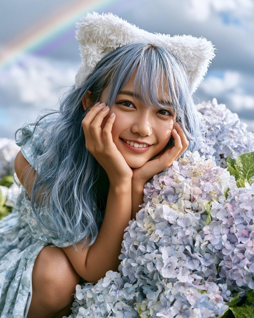 A smiling woman with blue hair and cat ears poses among hydrangeas with a rainbow in the background.