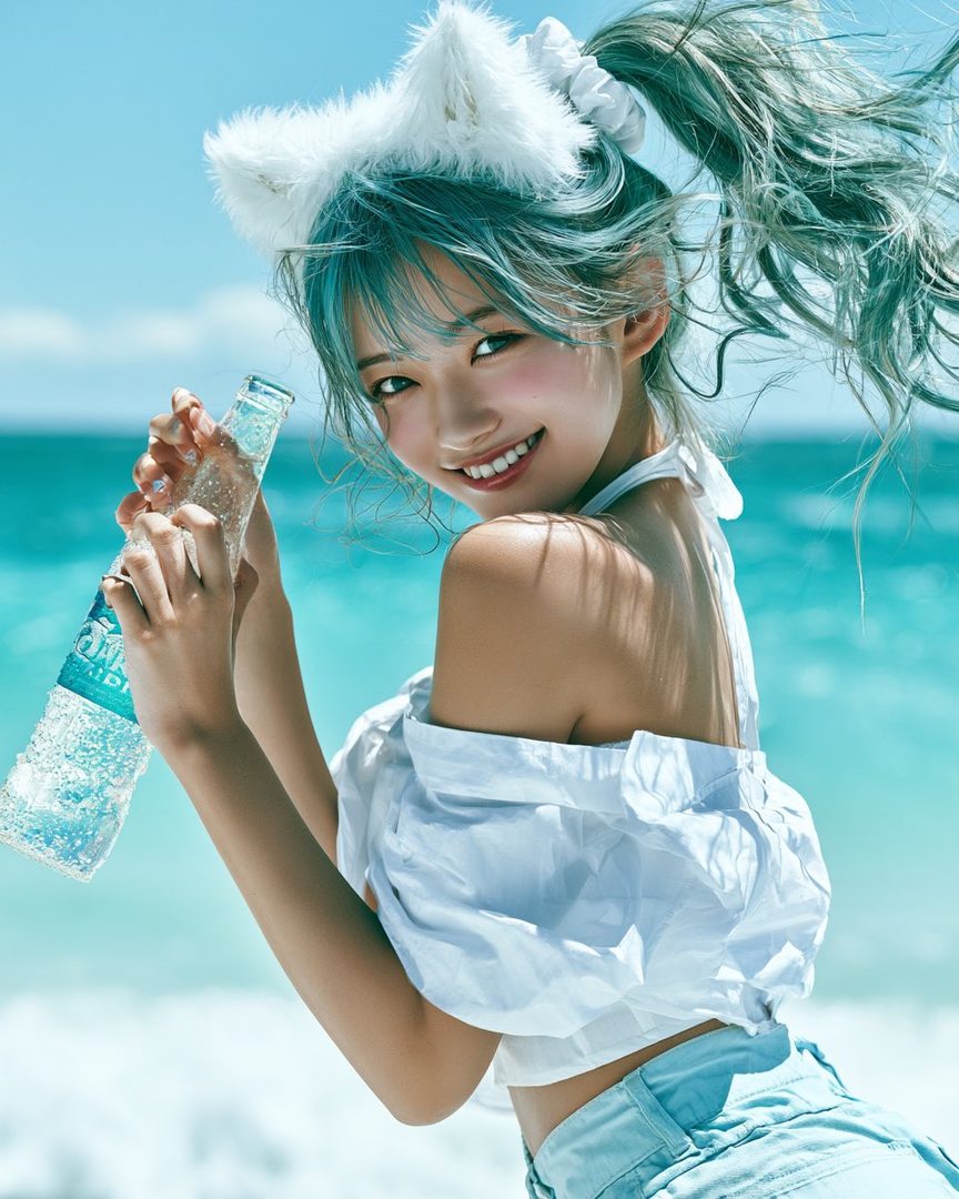 A smiling woman with blue hair in a ponytail and cat ears headband holds a bottle on a sunny beach.