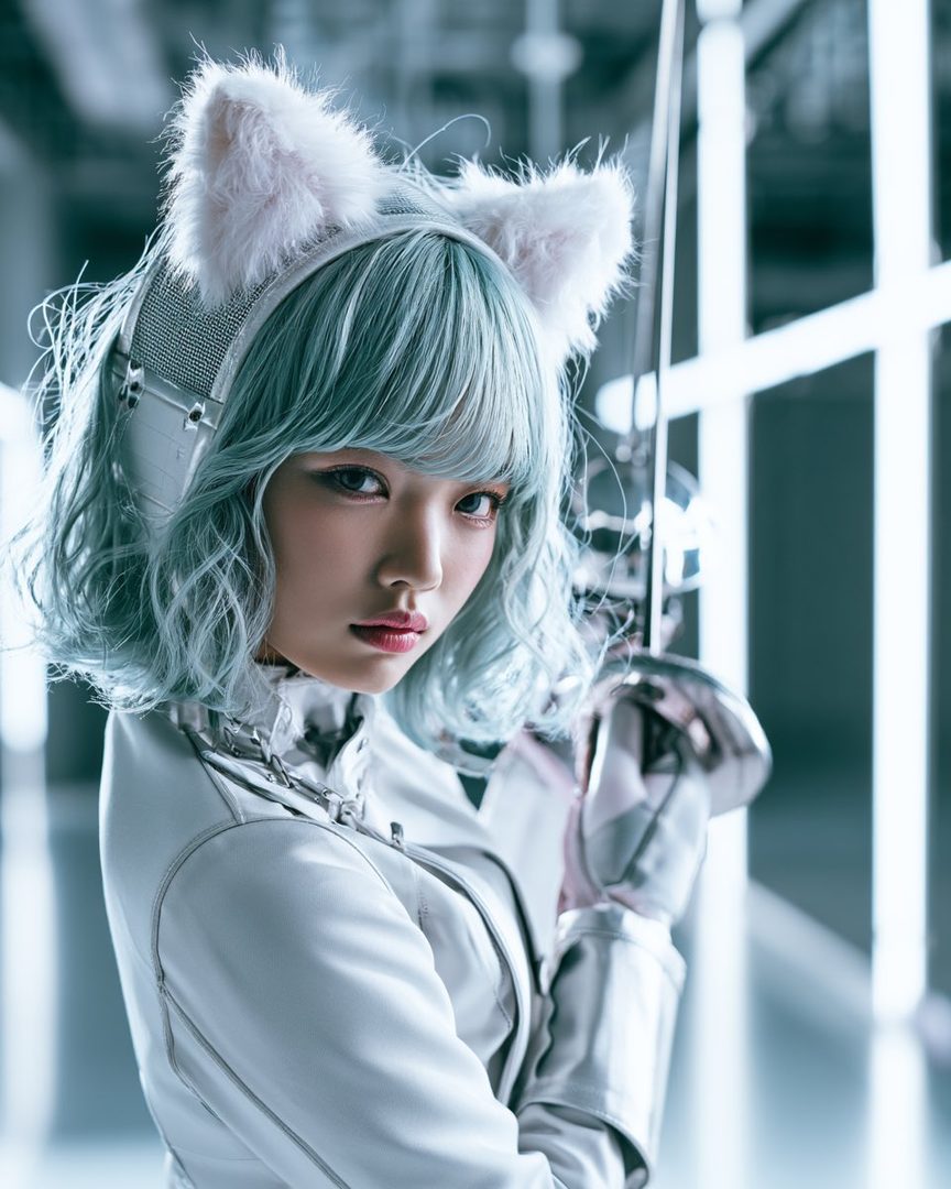A woman with light blue hair and cat ears wears a white fencing suit and holds a foil.