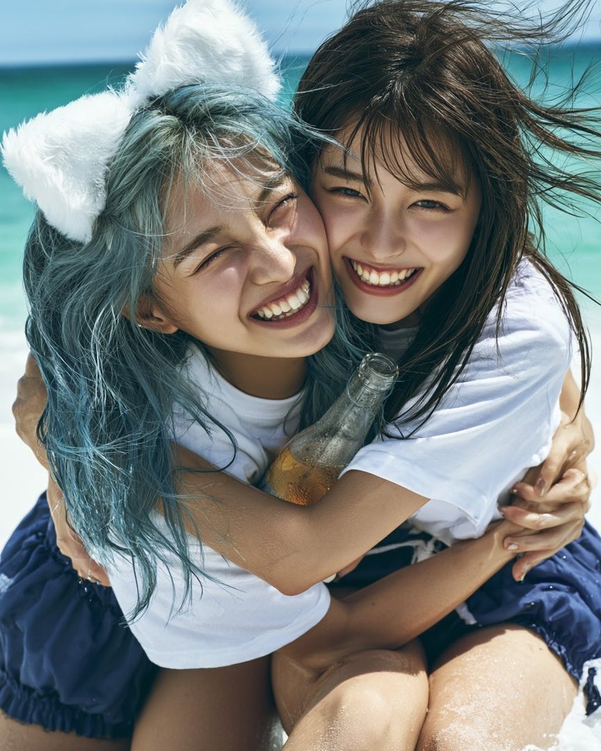 Two young women with bright smiles embrace on a sunny beach, one with blue hair and cat ears, holding a bottle.