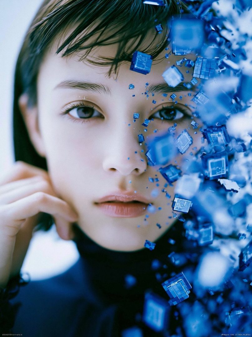 A close-up portrait of a woman with short dark hair, with blue pixelated cubes appearing to break away from the right side of her face.