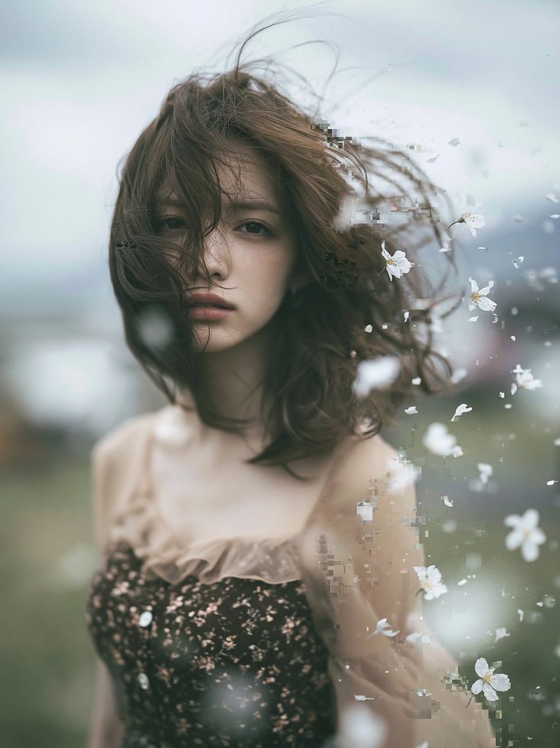 A dreamy portrait of a woman with brown hair and a floral dress, with white petals floating around her.