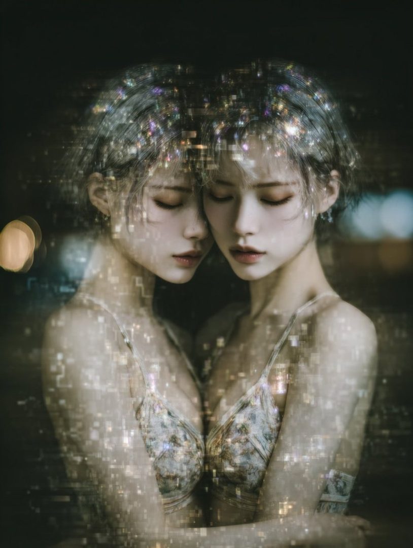 Two women with short silver hair and glitter effects on their bodies embrace in a dreamy, dark setting.