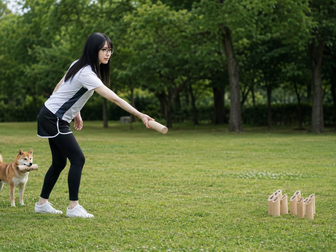 A young woman with black hair and glasses plays Mölkky in a park with a Shiba Inu.