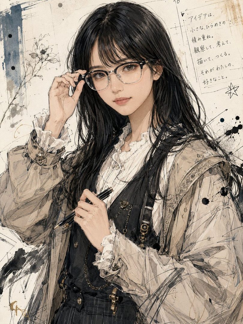 A semi-realistic illustration of a young woman with long black hair and glasses, holding a pen and adjusting her glasses, with Japanese text and ink splatters in the background.