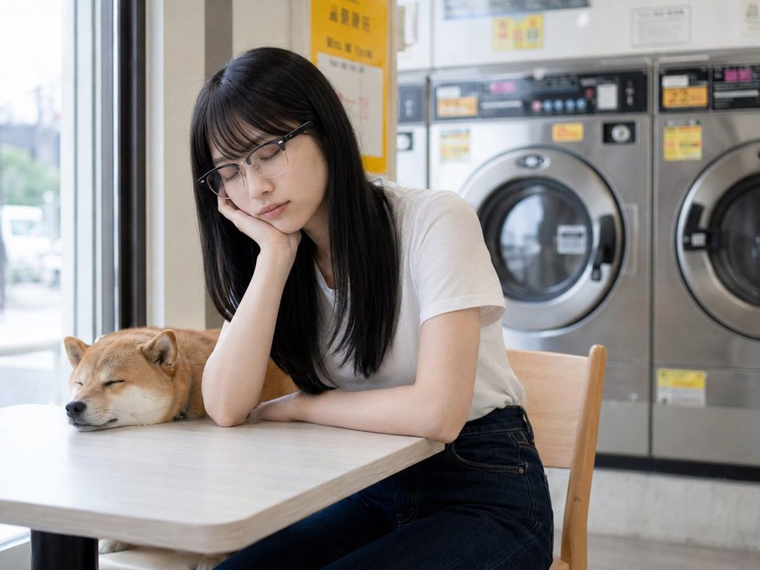 A young woman with black hair and glasses is sleeping at a table next to a Shiba Inu in a laundromat.