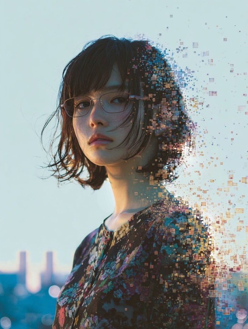 A photorealistic portrait of an East Asian woman with short brown hair and glasses, with her body dissolving into pixels against a bright sky.