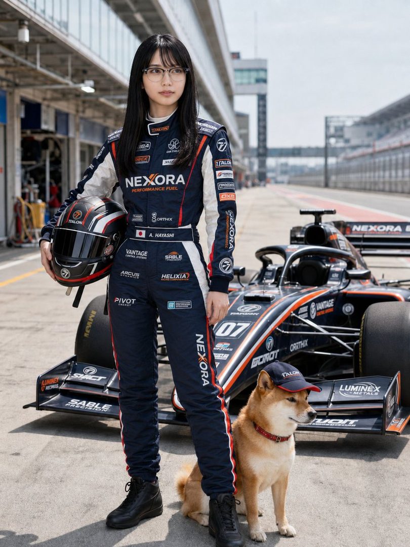 A young woman in a racing suit and glasses stands next to a race car with a Shiba Inu wearing a cap.