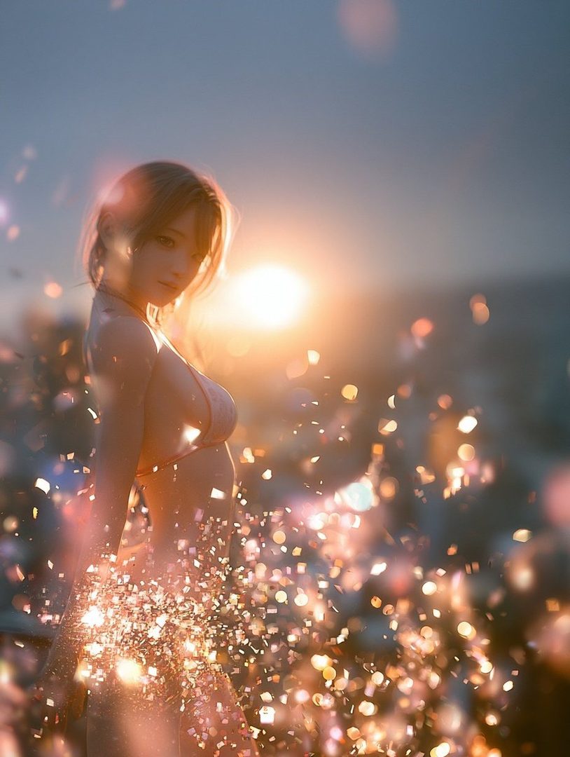 A woman in a bikini is surrounded by sparkling light at golden hour.
