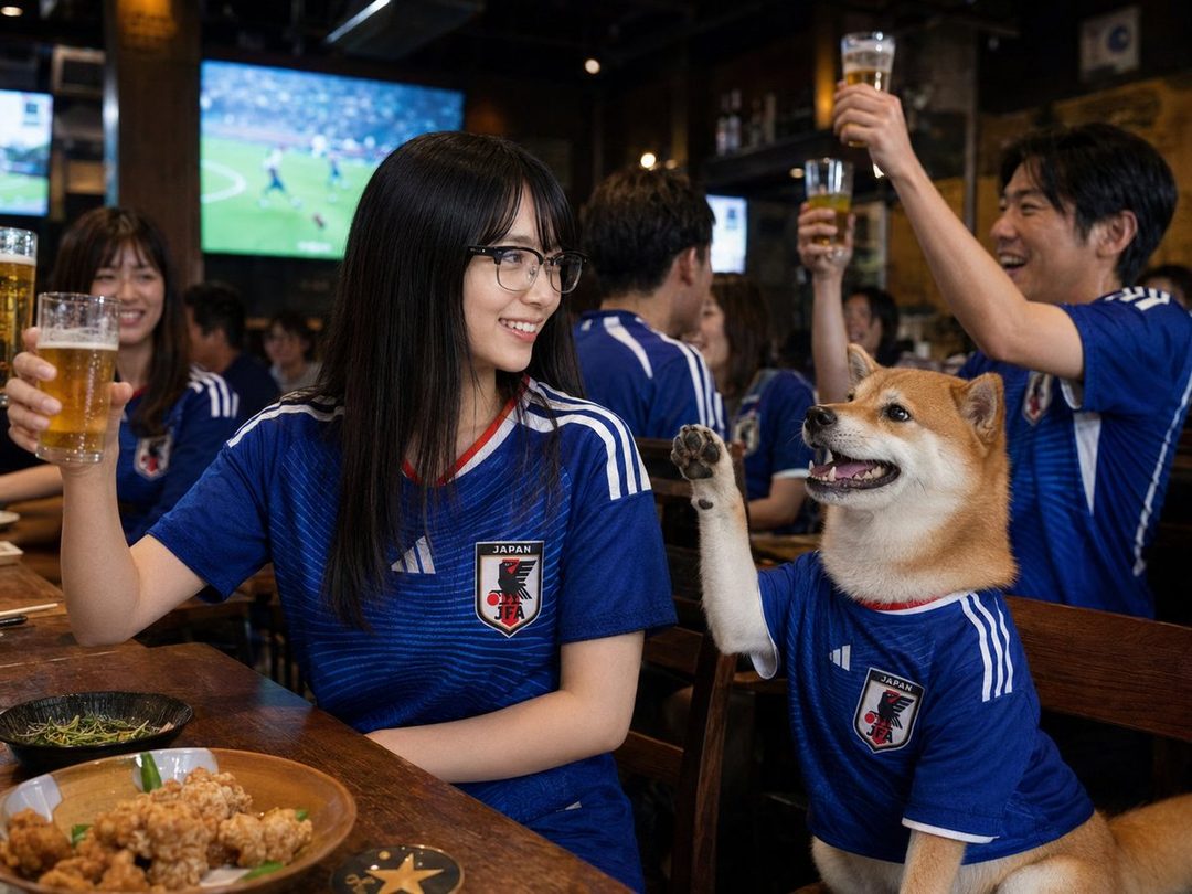 A group of people and a Shiba Inu dog wearing matching blue Japan soccer jerseys are celebrating with beer in a bar, watching a game on TV.