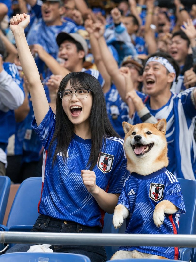 A young woman and a Shiba Inu dog, both wearing blue Japan soccer jerseys, cheer excitedly at a stadium.