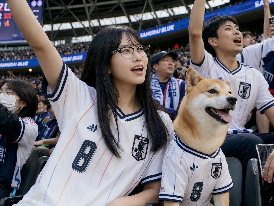 A young woman and a Shiba Inu dog, both wearing matching Japan soccer jerseys, cheer enthusiastically at a stadium.
