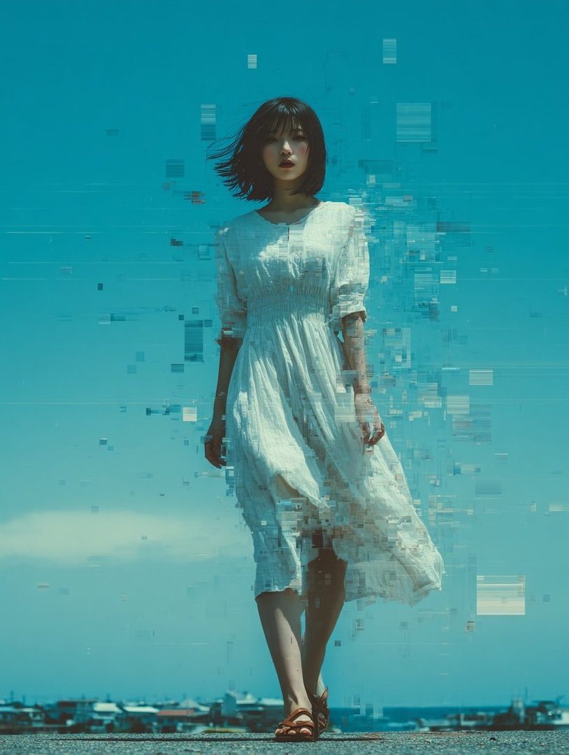A woman with short black hair wearing a white dress stands outdoors against a blue sky with a pixelation effect.