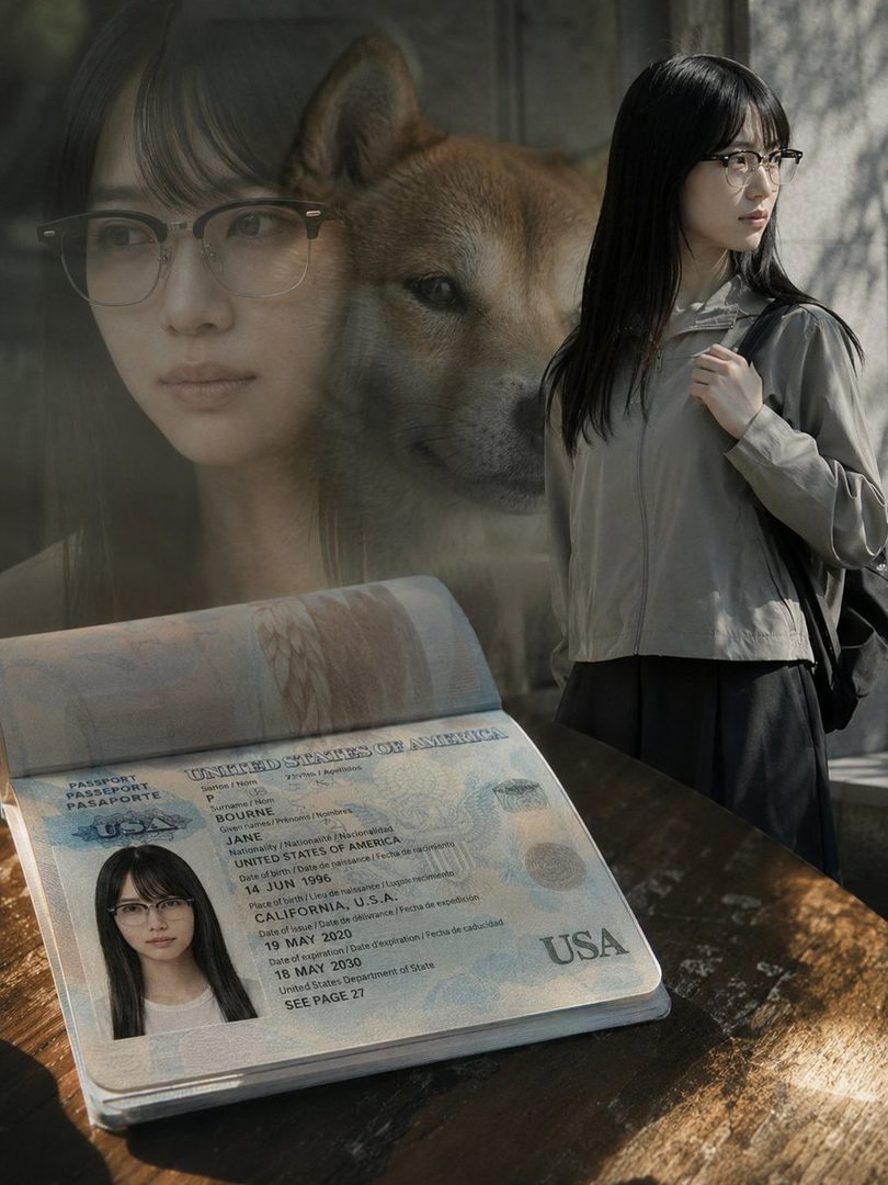 A photorealistic image of a young East Asian woman with black hair and glasses, with a shiba inu and a US passport overlaid.