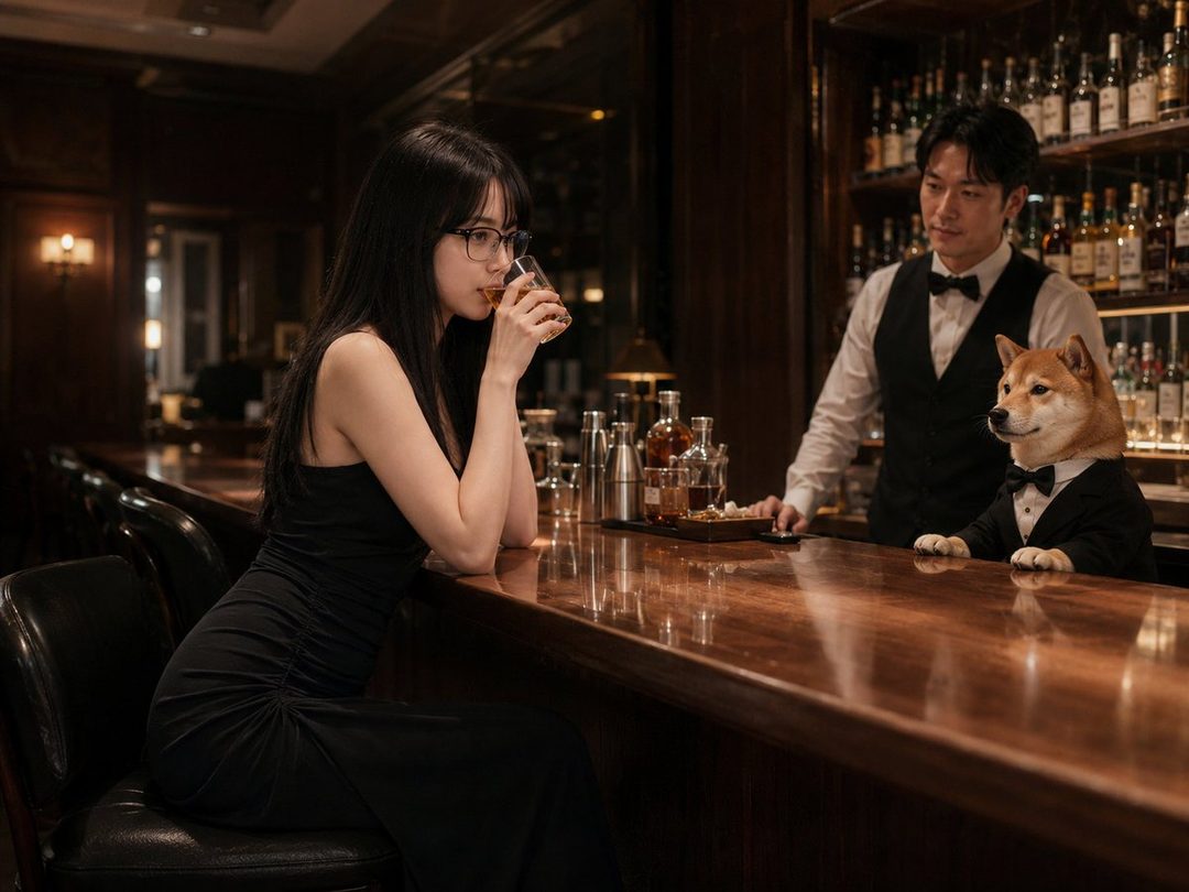 A woman in a black dress sips a drink at a bar, with a bartender and a Shiba Inu in a tuxedo behind the counter.