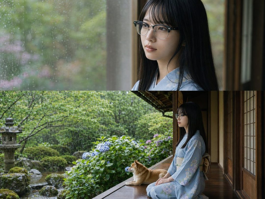 A woman in a light blue kimono with a Shiba Inu dog sitting on a wooden porch, looking out at a rainy Japanese garden.