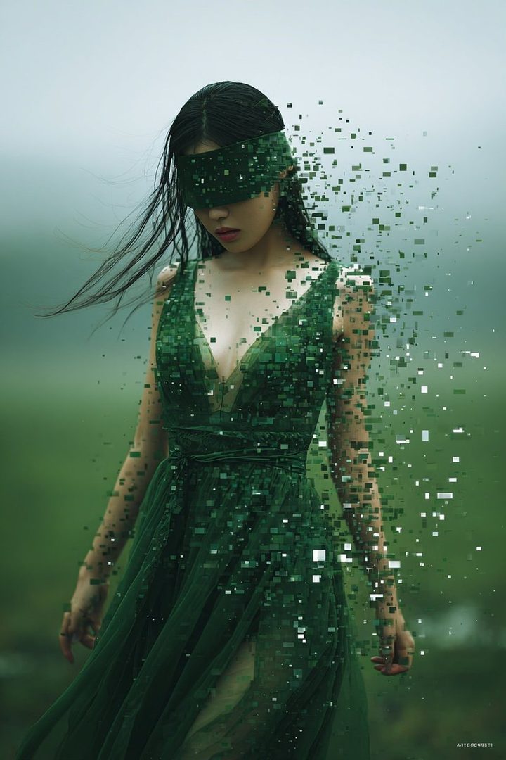 A woman with long black hair and a green dress, blindfolded with a pixelated effect, stands in a misty outdoor setting.