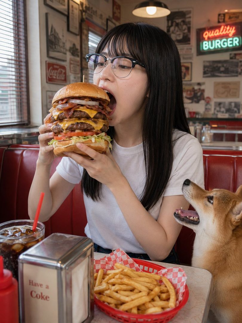 A young woman with black hair and glasses attempts to eat a giant burger at a diner, with a Shiba Inu looking on.