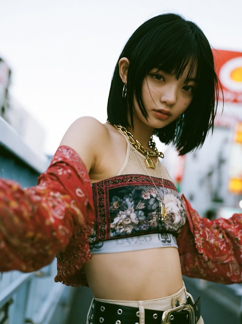 A young woman with short black hair and bangs wears a floral crop top and a red patterned jacket, posing outdoors.