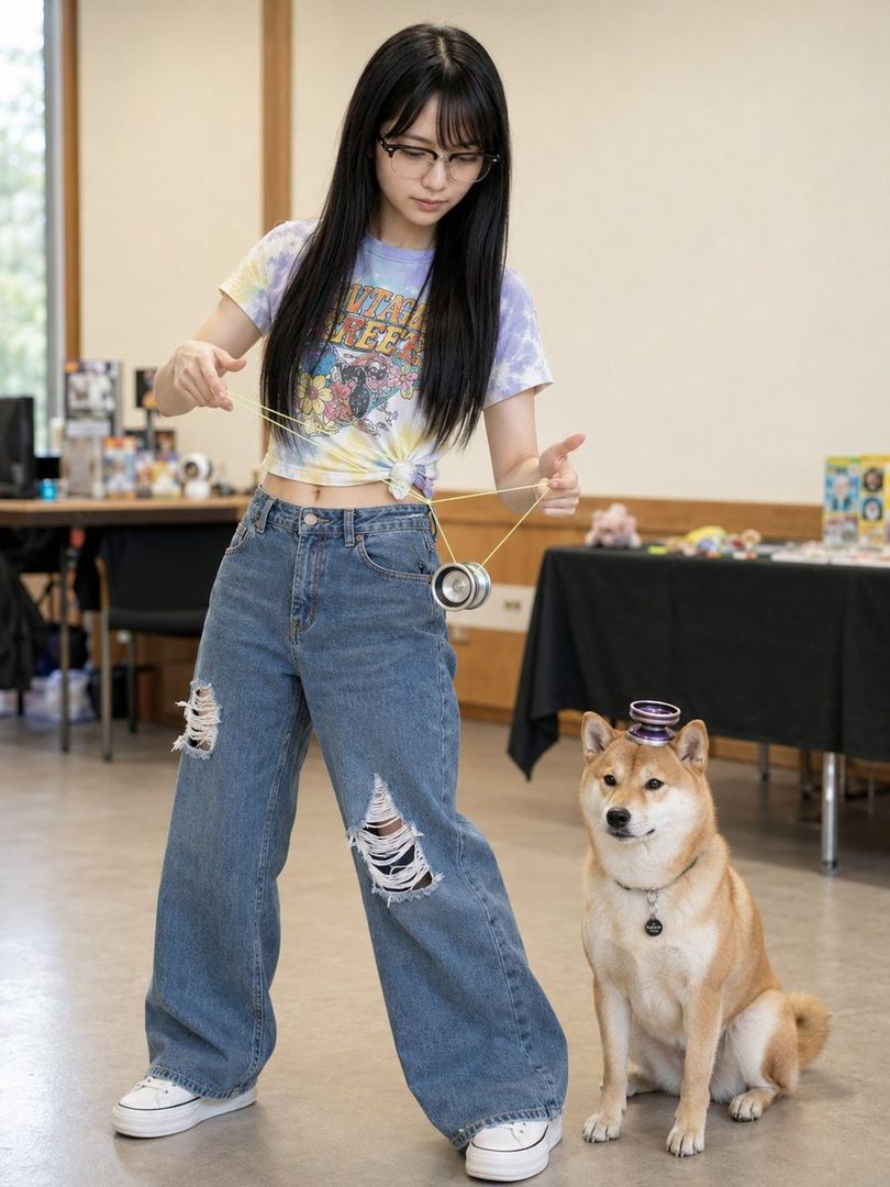 A young woman with long black hair and glasses plays with a yo-yo while a Shiba Inu with a small hat sits beside her.