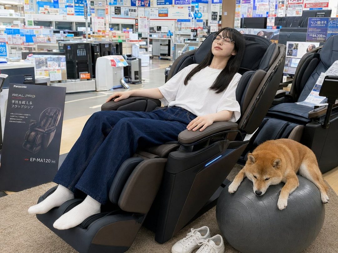 A young woman with long black hair and glasses is relaxing in a massage chair in an electronics store, with a Shiba Inu dog sleeping on a yoga ball next to her.