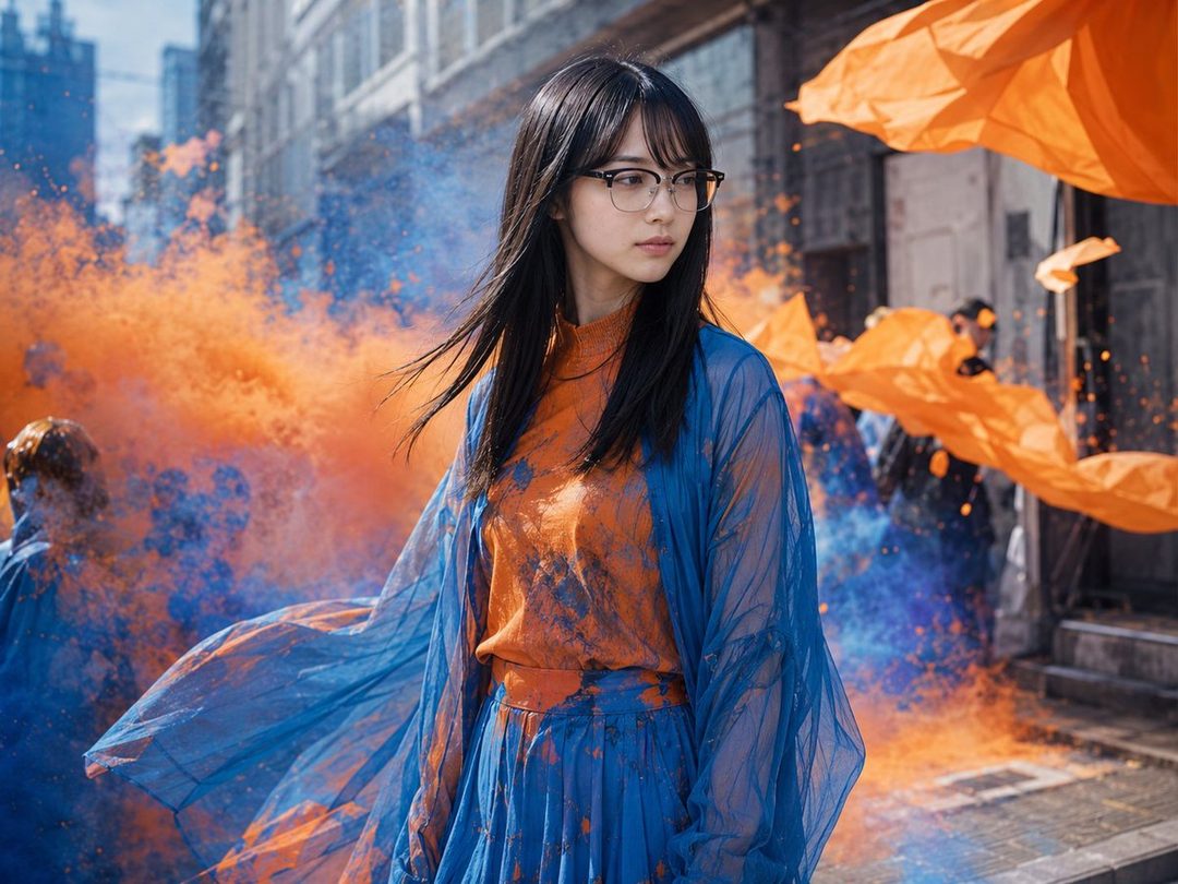 A young woman with long black hair and glasses stands on a city street, surrounded by a vibrant explosion of orange and blue powder.