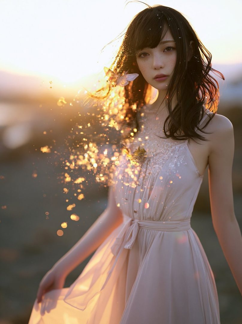 A dreamy portrait of a woman with long brown hair and bangs, wearing a light-colored dress, with golden hour sunlight and sparkling effects around her.