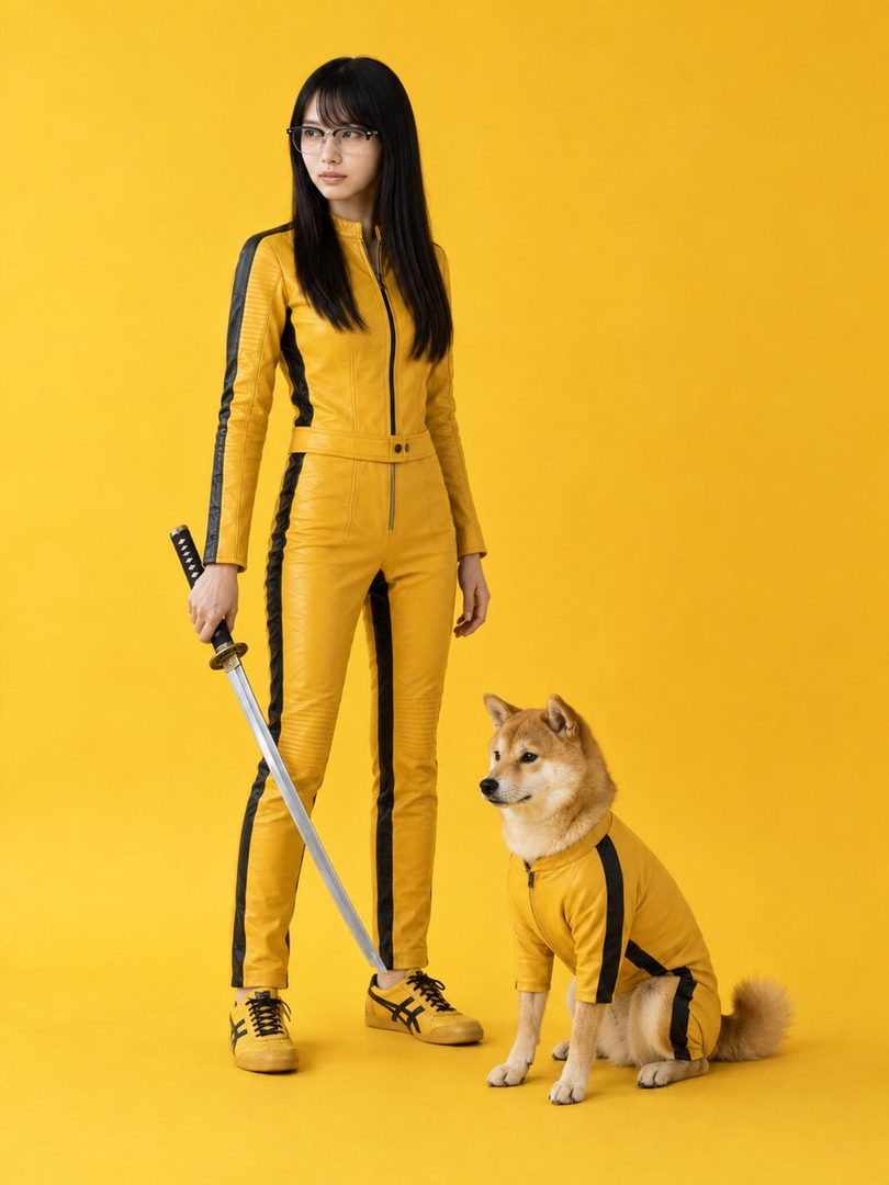 A woman in a yellow and black tracksuit, holding a katana, stands next to a Shiba Inu dog also wearing a matching yellow and black outfit, against a bright yellow background.
