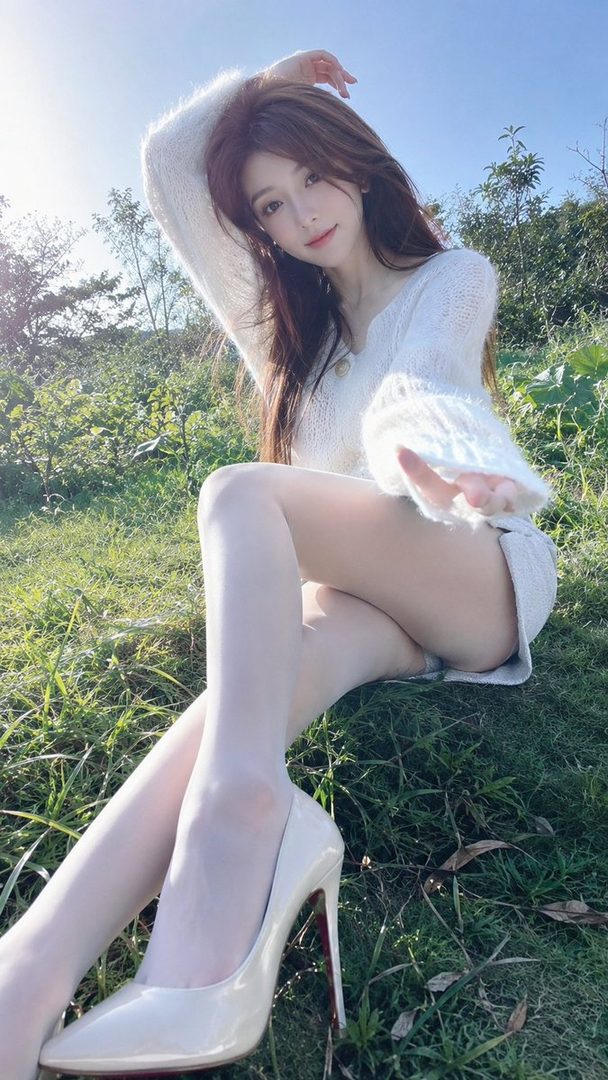 A beautiful East Asian woman with long brown hair and a white sweater poses outdoors in the sunlight, sitting on green grass.