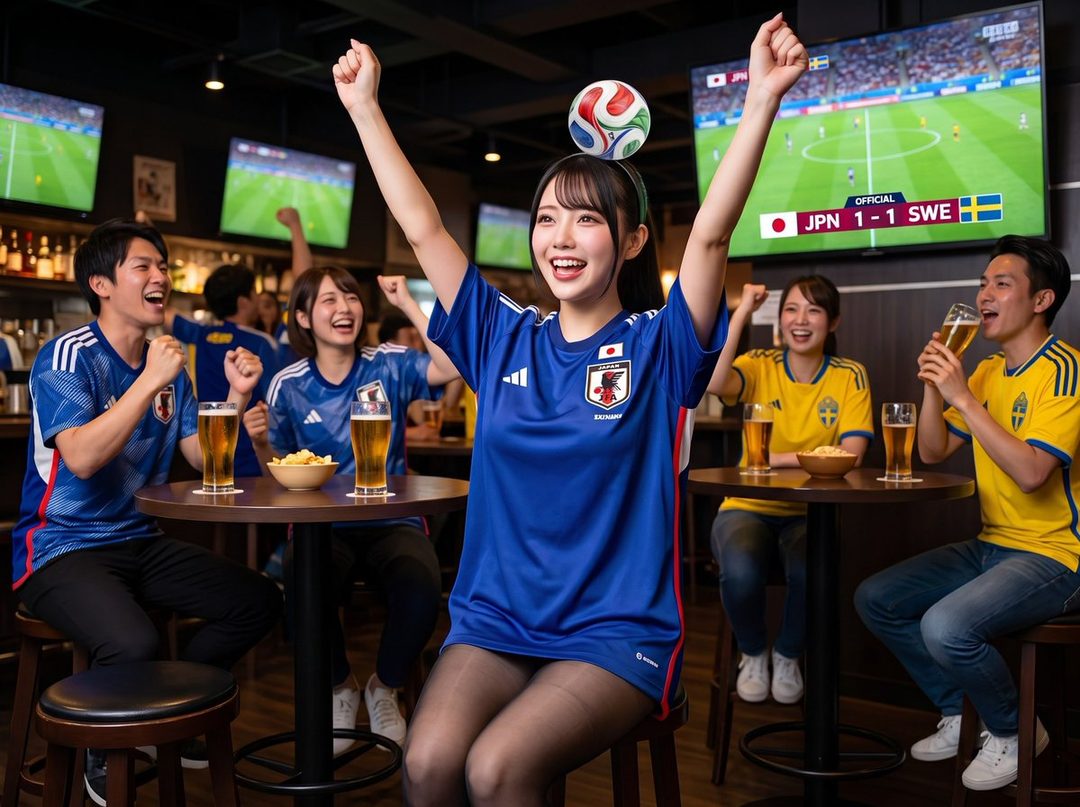 A group of young Japanese adults in a bar, wearing soccer jerseys and cheering while watching a World Cup match on TV.