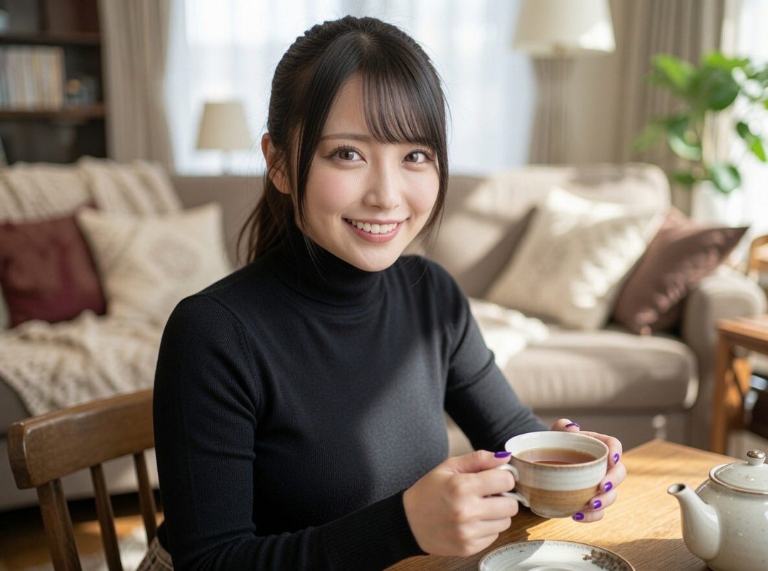 A smiling East Asian woman in a black turtleneck sweater holds a teacup in a cozy indoor setting.