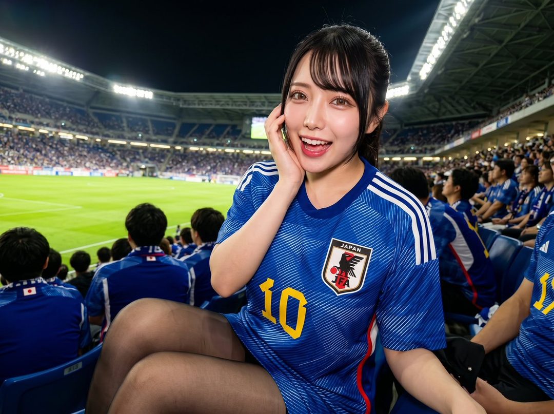 A smiling woman with black hair wearing a blue Japan soccer jersey with the number 10, sitting in a stadium at night during a World Cup match.