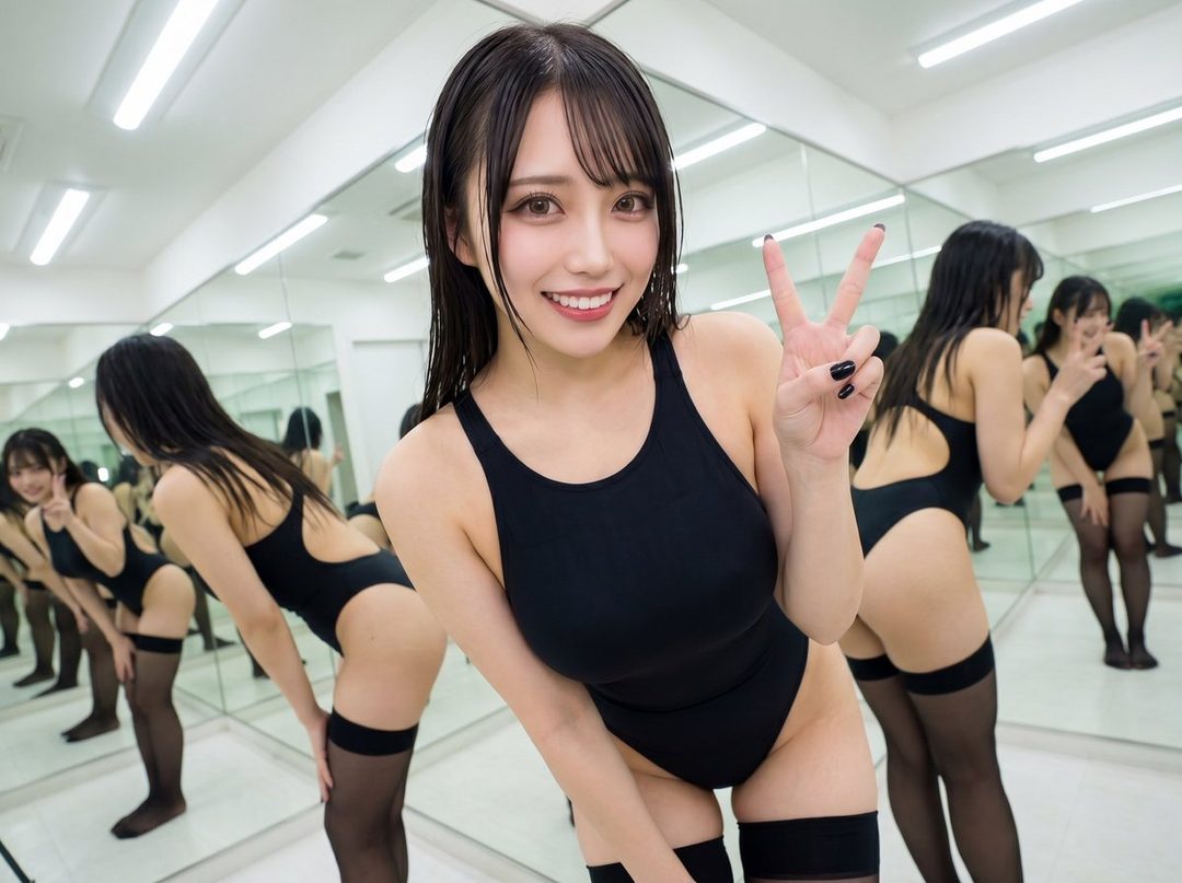 A smiling East Asian woman in a black swimsuit and thigh-high stockings poses with a peace sign in a mirrored studio.