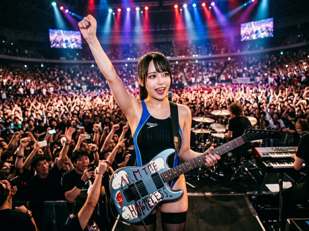 A young woman in a blue and black swimsuit holds a guitar on stage in front of a large cheering crowd.