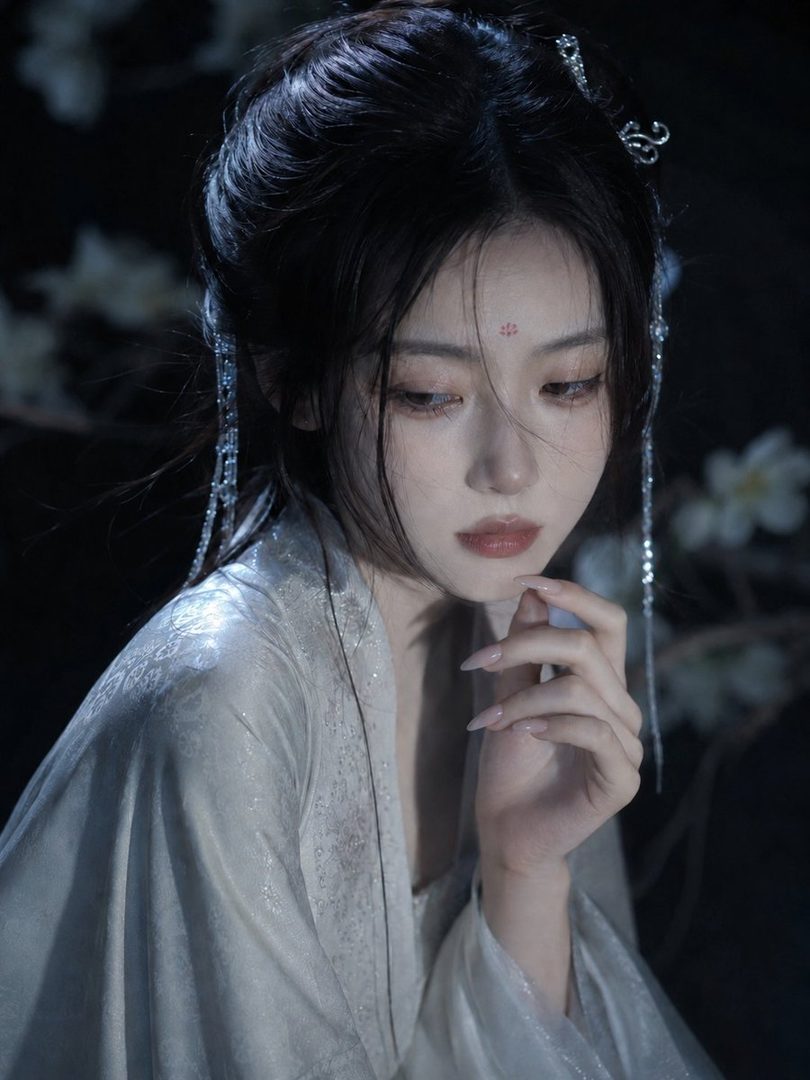 A beautiful woman with black hair and a red forehead mark, wearing a white traditional Chinese dress, looks down thoughtfully.