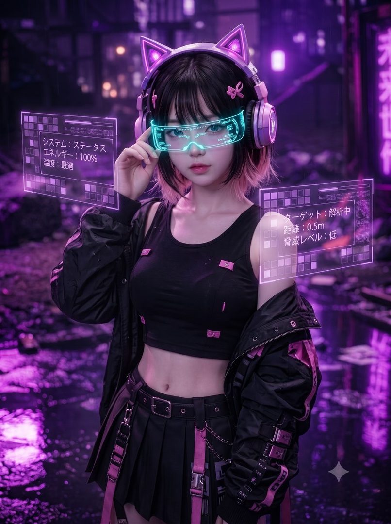 A cyberpunk-themed portrait of a woman with black and pink short hair, wearing cat-ear headphones and futuristic glasses, standing in a neon-lit city at night.