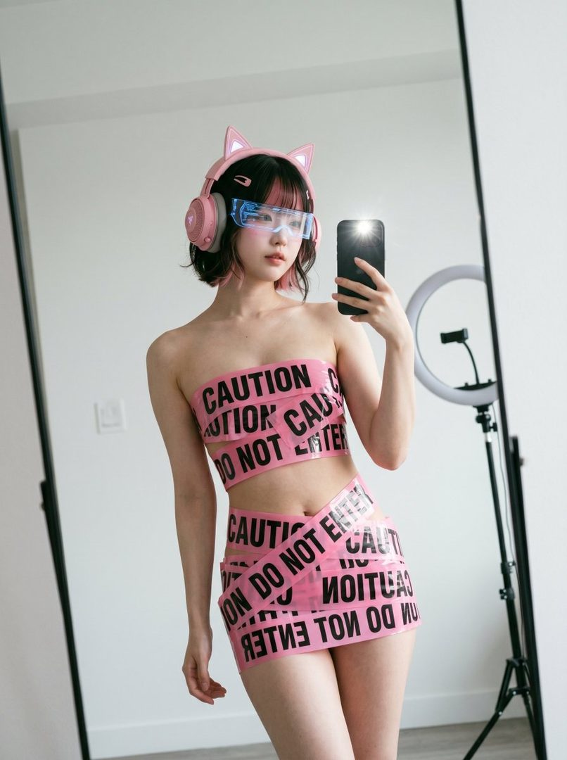 A woman with pink and black hair, wearing a pink caution tape outfit and cat-ear headphones, takes a mirror selfie.