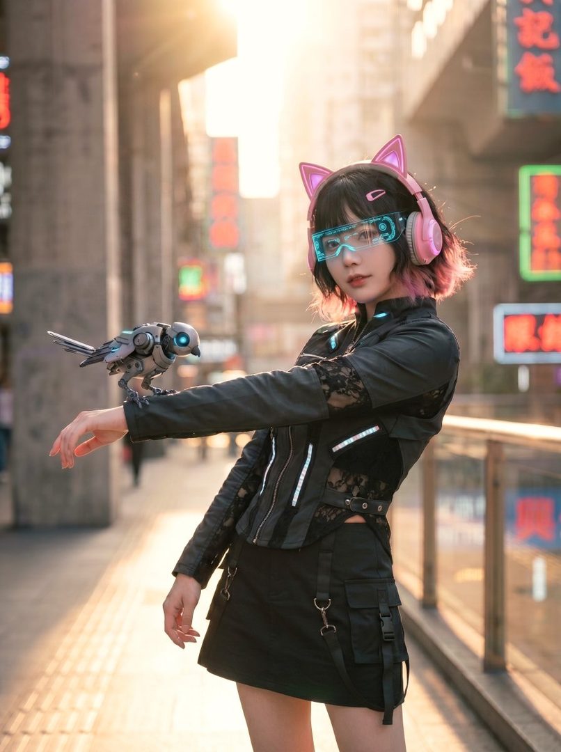 A young woman with pink and black short hair, wearing futuristic glasses and cat-ear headphones, stands on a city street at golden hour with a robotic bird on her arm.