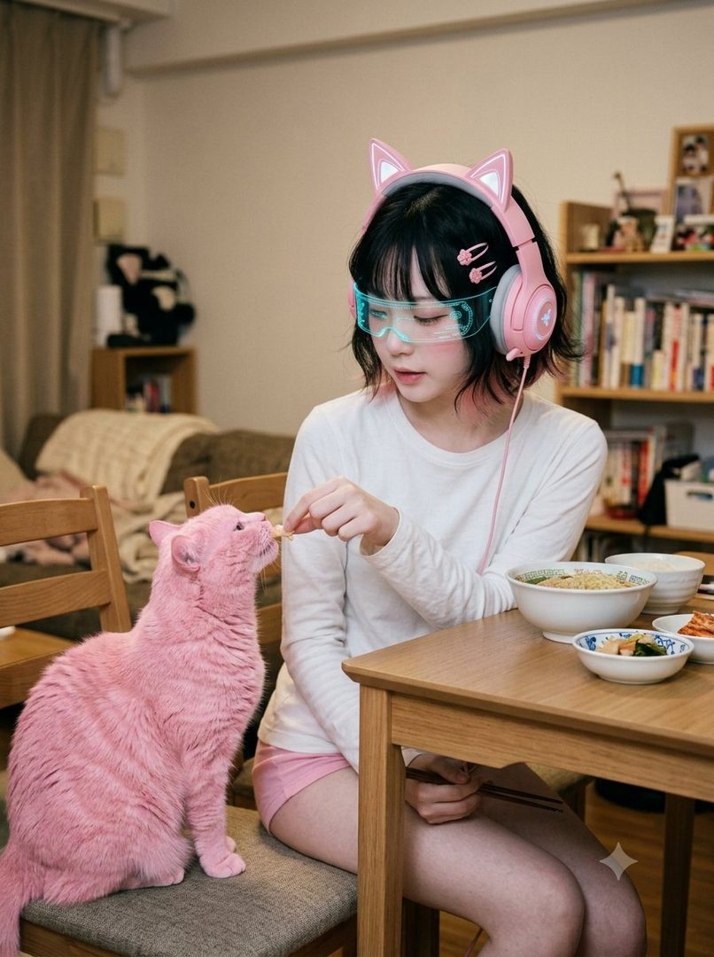 A young woman with black hair and pink cat-ear headphones feeds a pink cat at a dining table indoors.