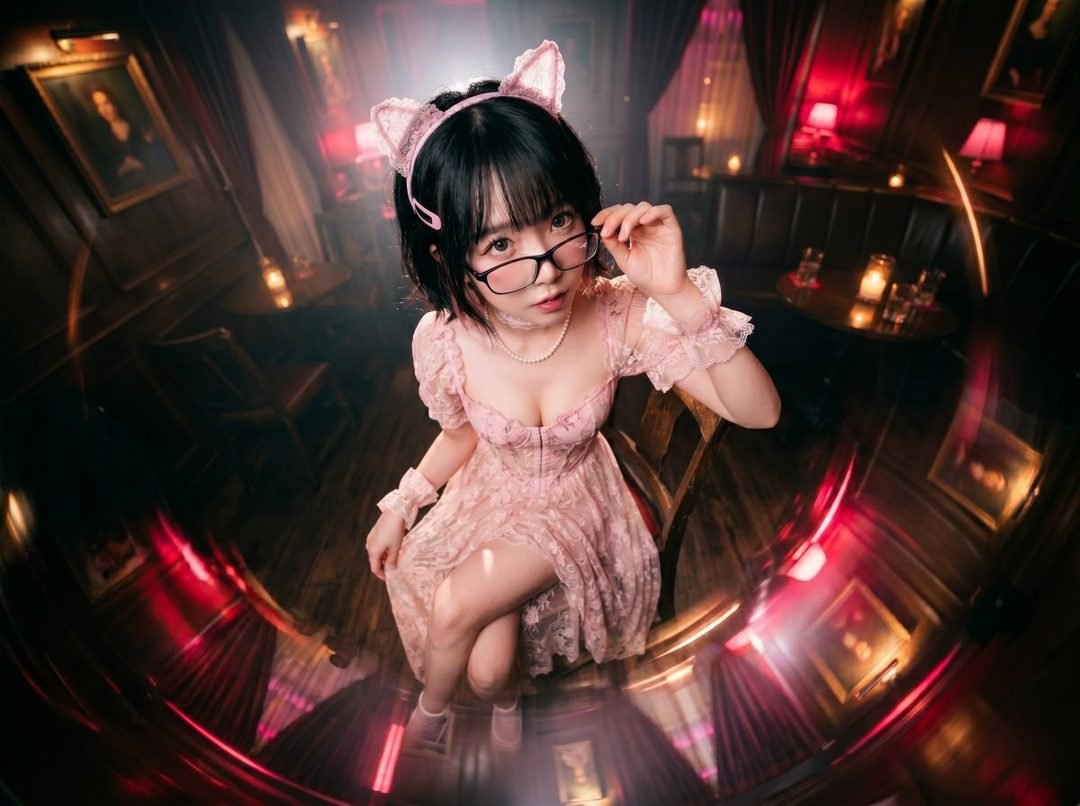 A cute East Asian woman with black short hair and bangs, wearing a pink lace dress and cat ears, sits indoors and adjusts her glasses.