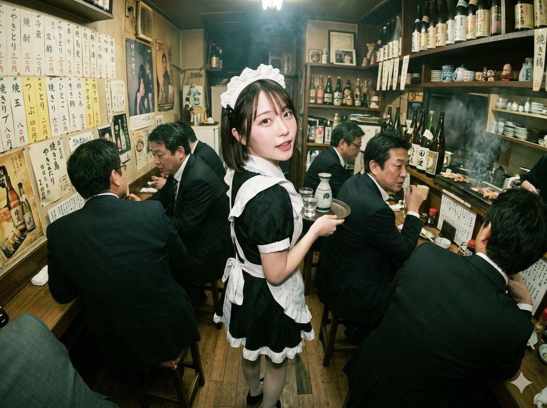 A young woman in a maid outfit holds a tray with sake in a busy Japanese izakaya.