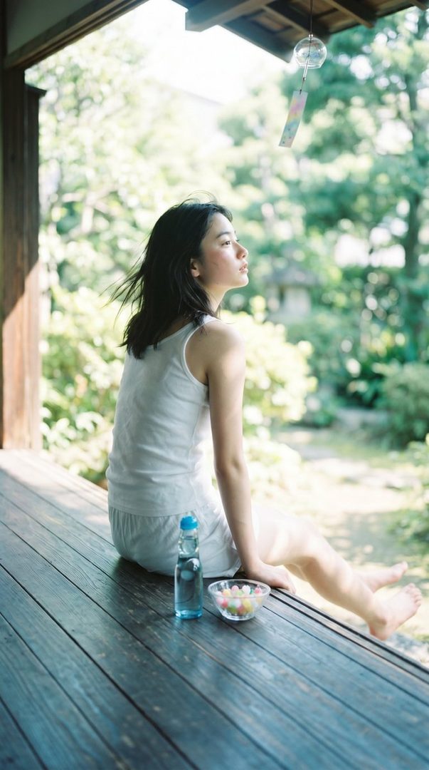 A young East Asian woman with short black hair sits on a wooden porch, looking out at a lush green garden with a ramune bottle and candy bowl beside her.