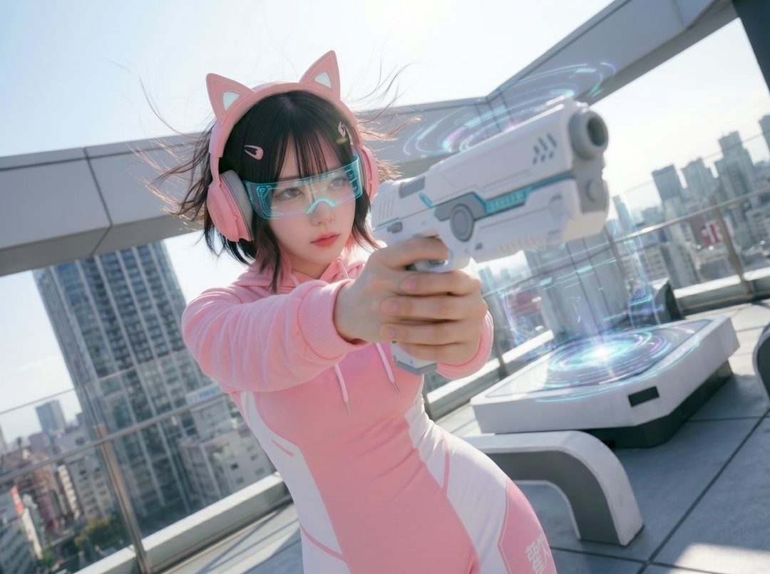 A woman in a pink and white cyberpunk-themed outfit, cat-ear headphones, and futuristic glasses holds a toy gun on a city rooftop.