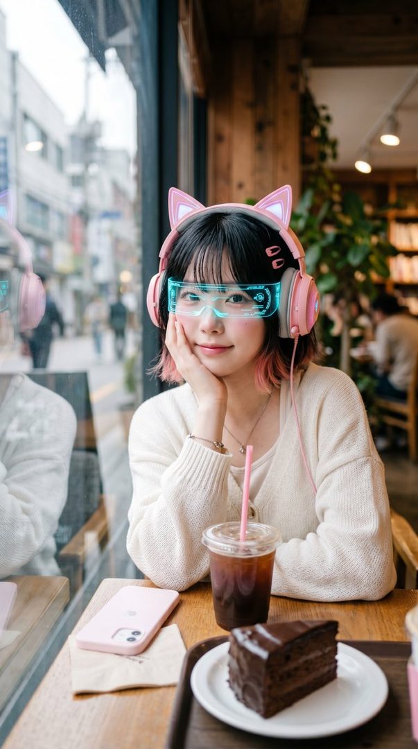 A young woman with black and pink hair, wearing cat-ear headphones and futuristic glasses, sits at a cafe table with a drink and cake.