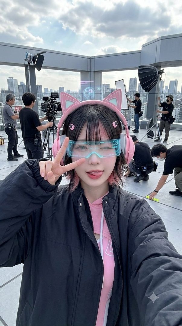 A young woman with short black hair and pink highlights, wearing cat-ear headphones and futuristic glasses, takes a selfie on a rooftop with a city skyline in the background.