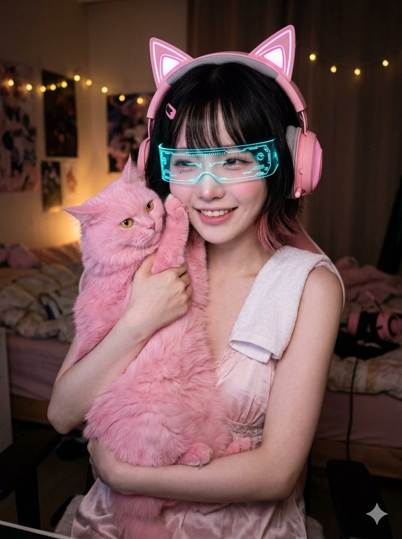 A smiling woman with black hair and pink cat-ear headphones holds a pink cat in a dimly lit room with fairy lights.