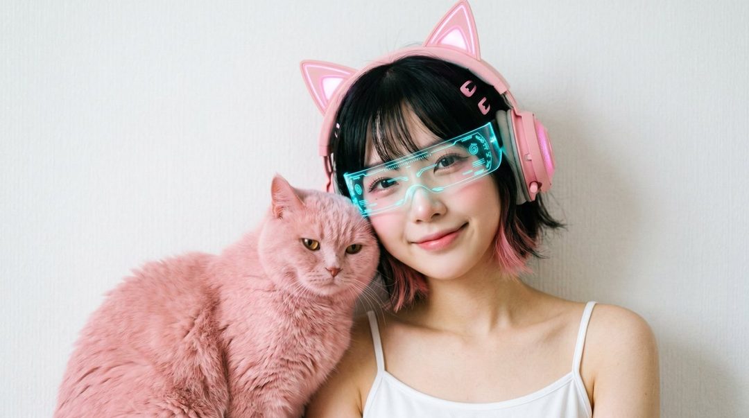 A cute girl with pink-tipped black hair, wearing cat-ear headphones and futuristic glasses, poses with a pink cat.