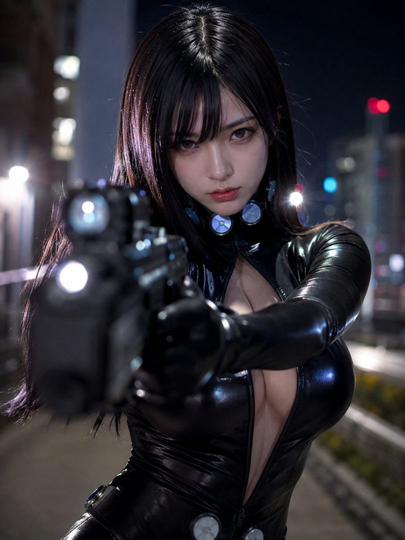 A woman in a black latex suit with a deep V-neck holds a gun, standing in a city at night.