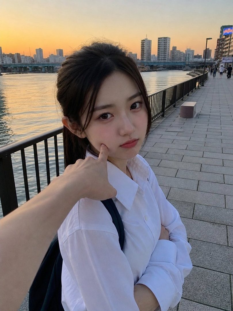A cute East Asian girl with long brown hair is standing outdoors by a river in a city during golden hour, wearing a white blouse, with a hand gently touching her cheek.