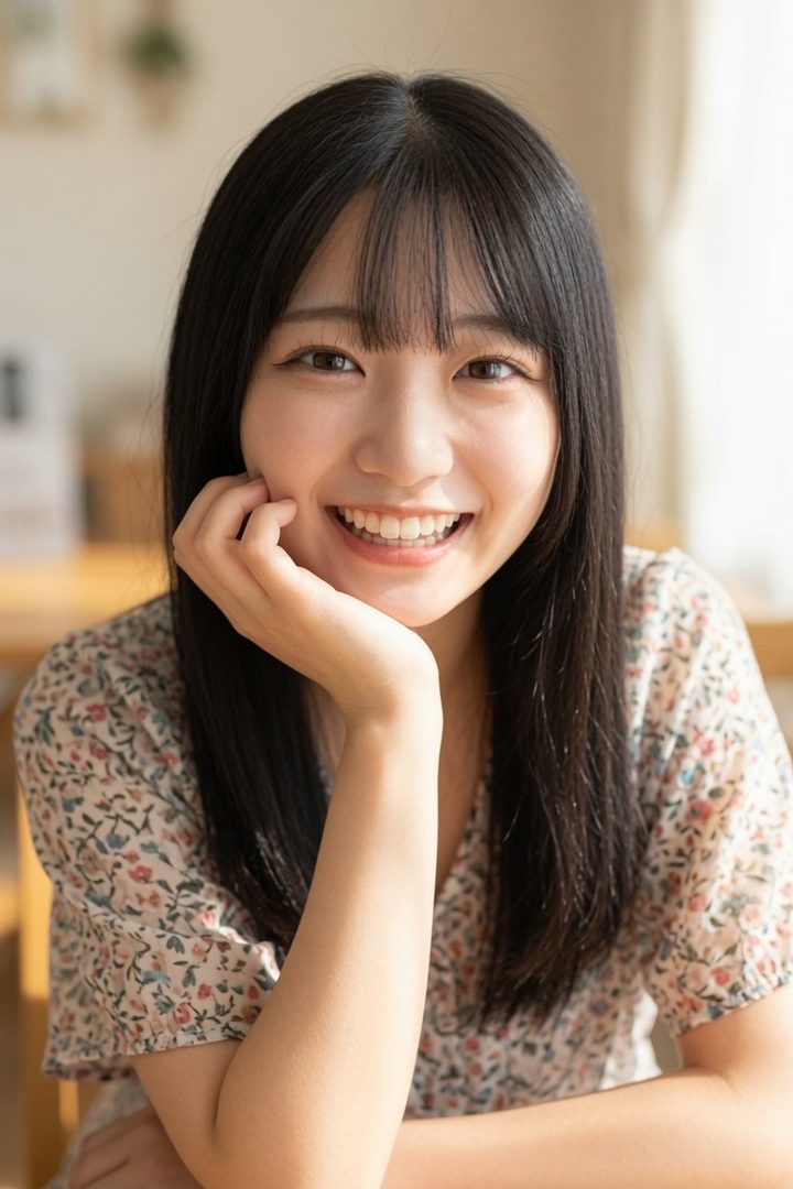 A smiling East Asian woman with long black hair and bangs, wearing a floral blouse, poses indoors.